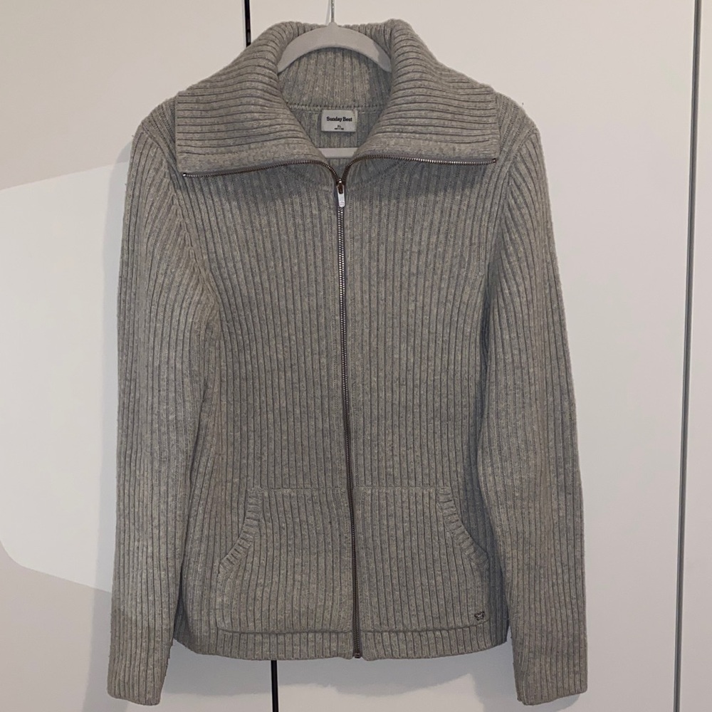 Sunday Best Light Gray Funnel Neck Ribbed Sweater